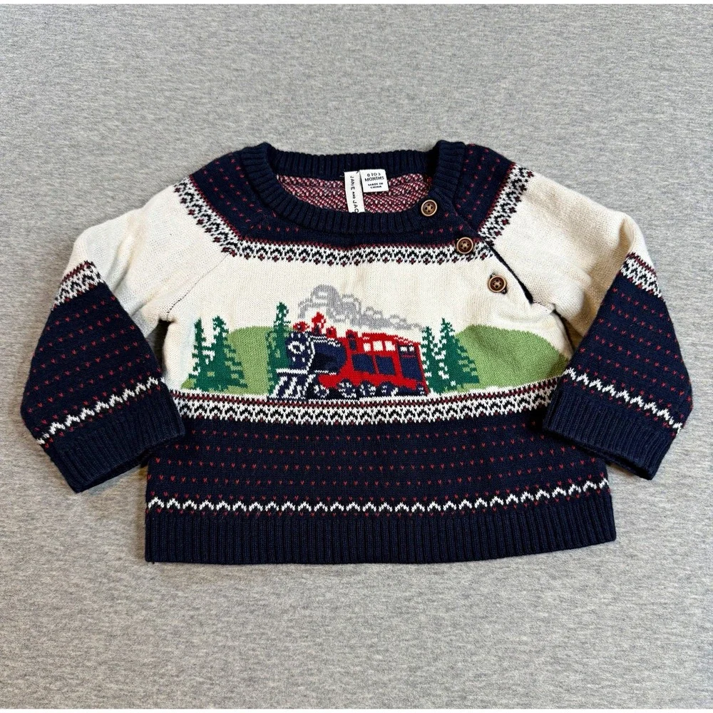 Janie and Jack 0-3M 100% Cotton Knit Train Fair Isle Pullover Sweater Navy
